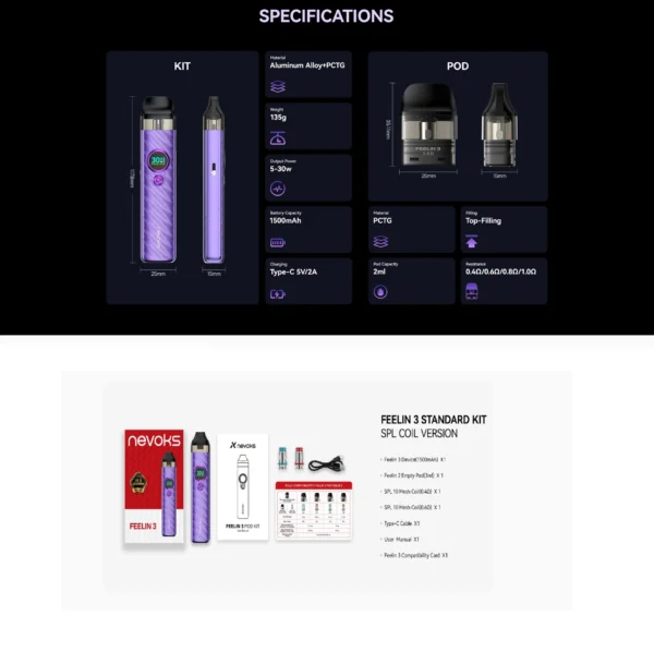 Nevoks Feelin 3 Kit (SPL Coil Version) – 1500mAh, 5–30W, Type-C Fast Charging - Image 2